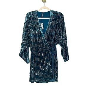 ZARA Trf Collection Velvet Beaded Wrap Mini Dress Turquoise Blue Party Formal S